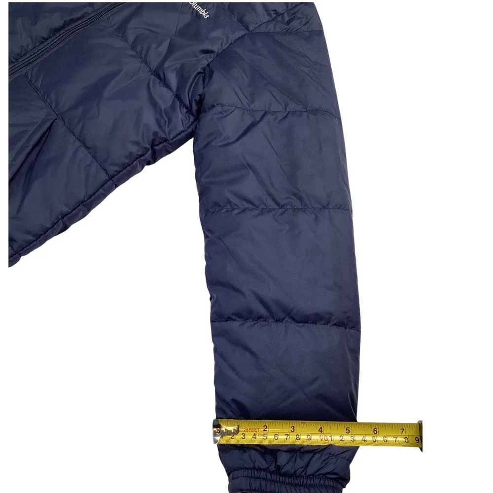 Columbia Reversible Puffer Jacket Girls L 14/16 Blue Pink Geometric Print Hooded